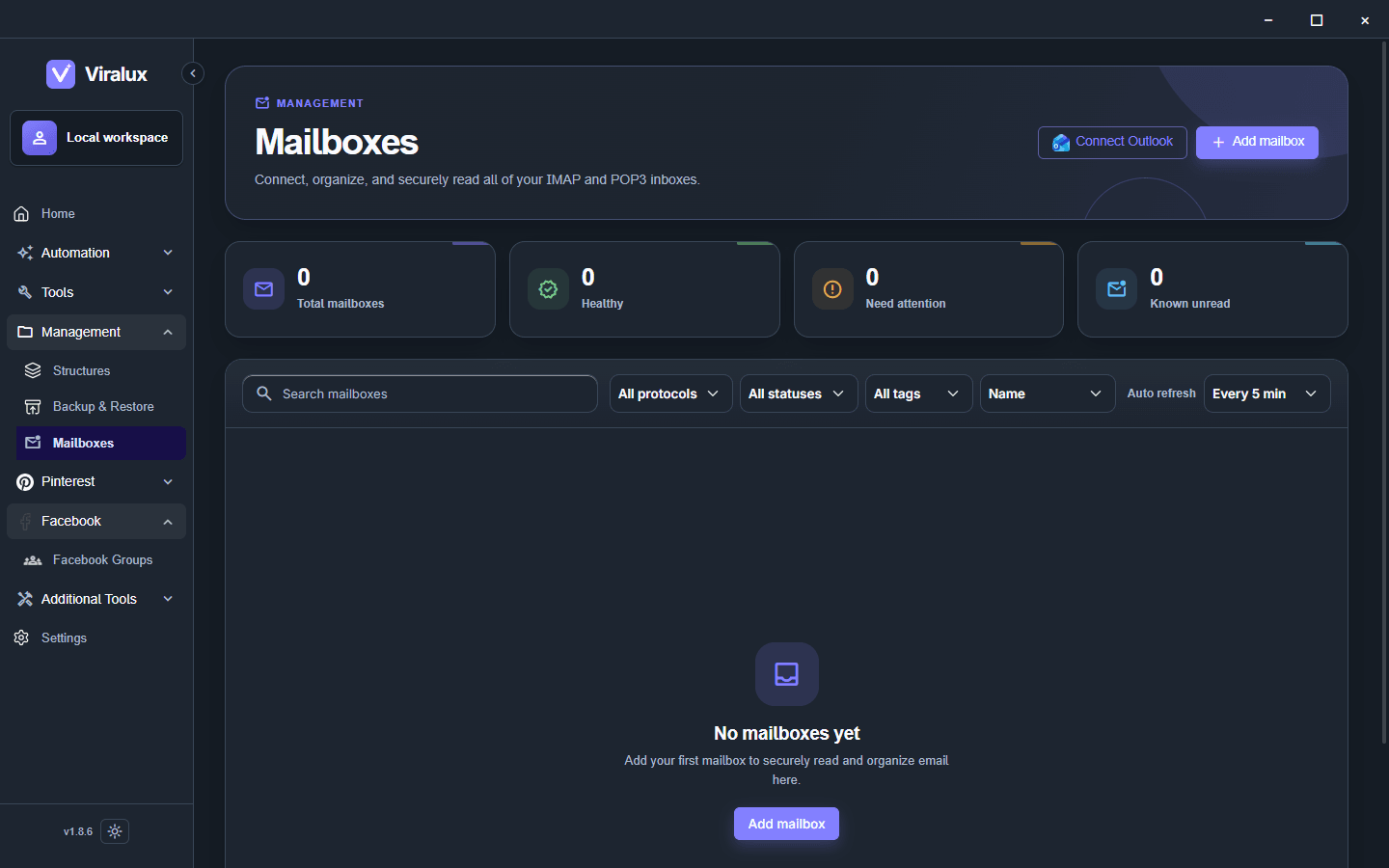 Mailboxes screen in the Stripe dark theme